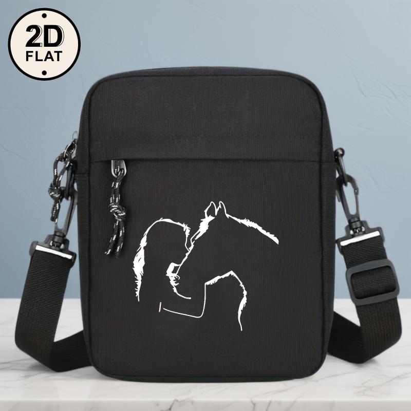TEMU A Stylish Black "girl And Horse" Patterned Crossbody Bag - Featuring Adjustable Straps, A Casual Shoulder Strap, Multiple Pockets, And A ,