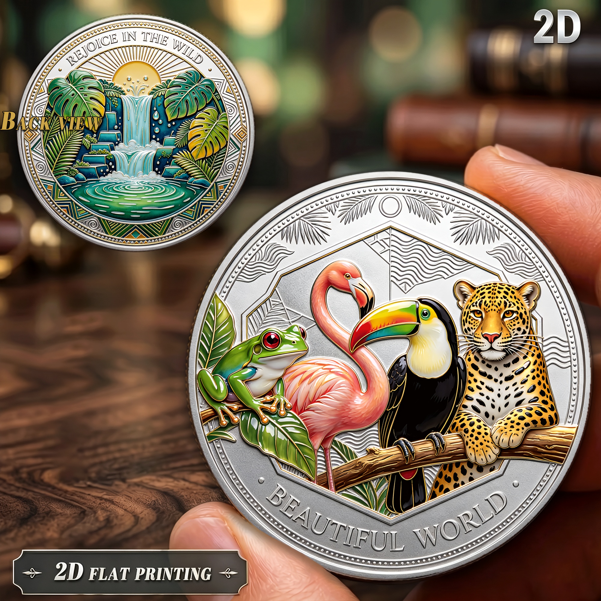 TEMU 1pc, 2d And In The Wilderness Pattern Exquisite Collectible Coin, Showcasing The Of Red- , Flamingos, Toucans, And In The