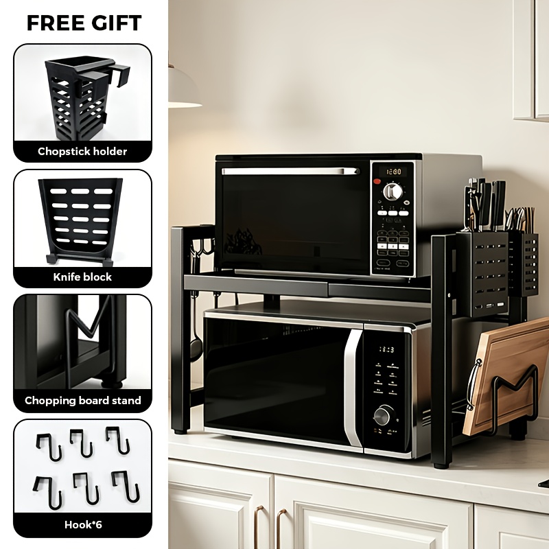 Space- Expandable Microwave Stand, Adjustable Width 40-64cm, Multi-use Kitchen Countertop Organizer For Microwave, Air Fryer & Storage,, Load Capacity60kg