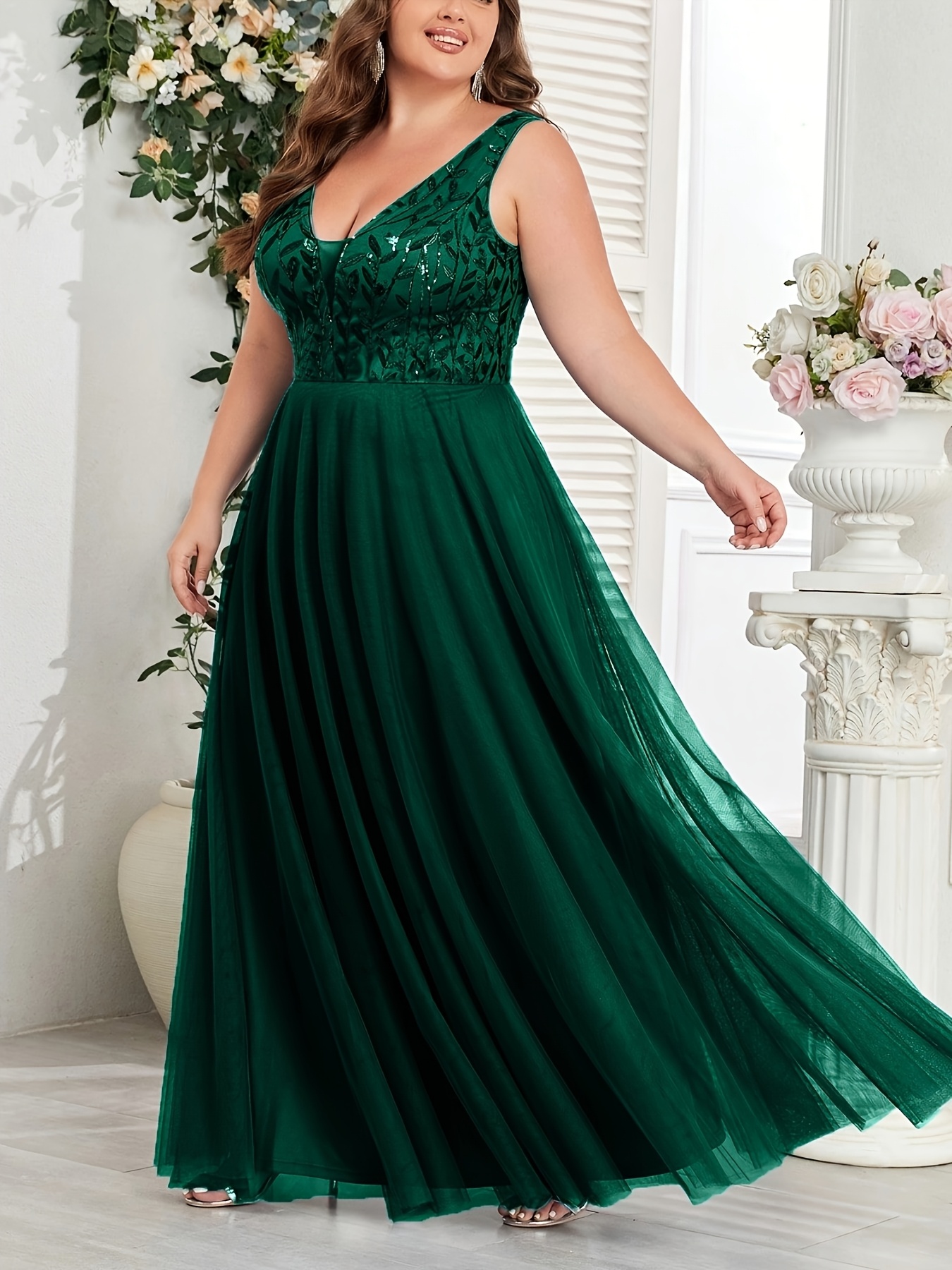 Plus Size - Plus Size - Women'S Plus Size Sequined Leaf Lace * Mesh Evening  Gown Dress