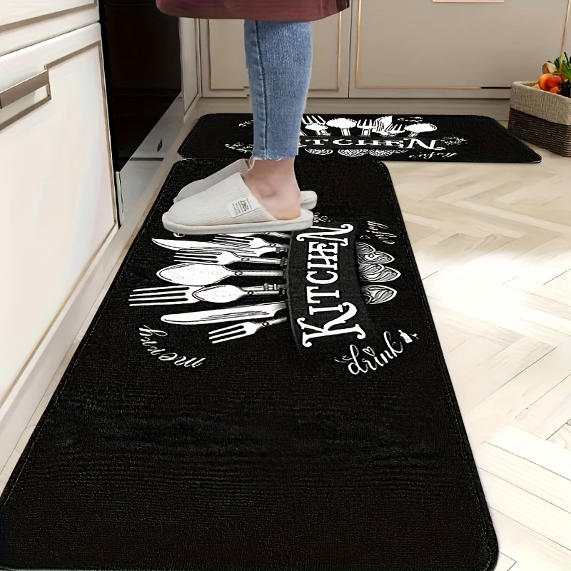TEMU 2-pack Black Kitchen Mats Kitchen Rugs – Utensil Design With "kitchen" Text, Suitable For Bathroom, Bedroom, Entryway Home Decor, Durable,