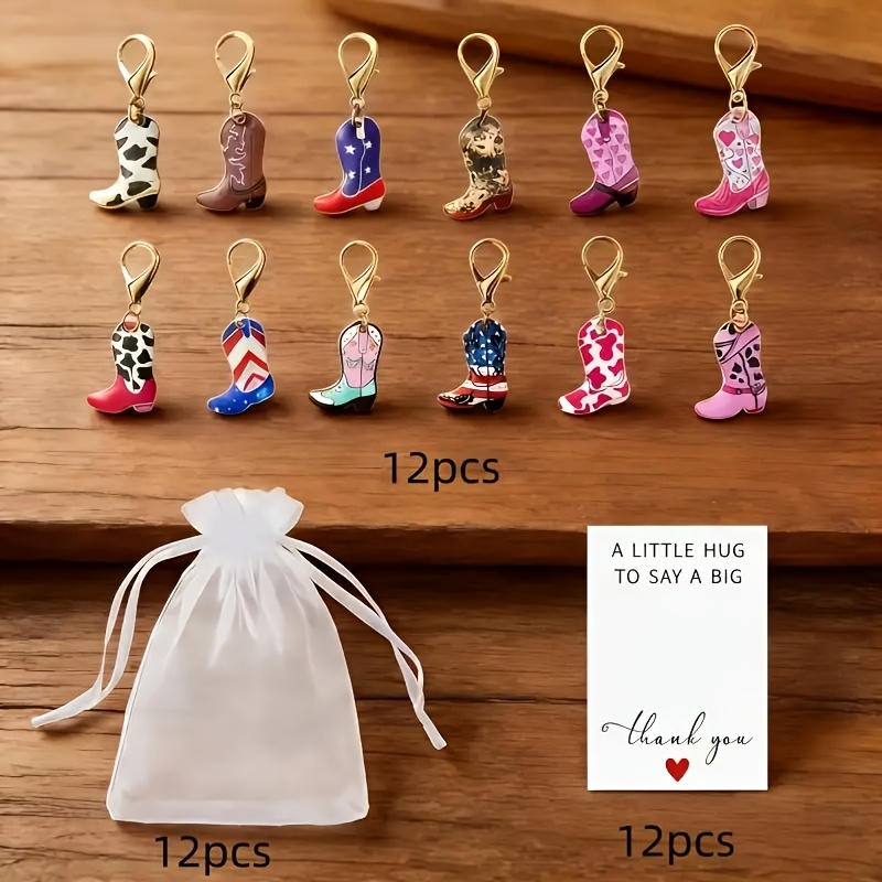TEMU Ensemble de 36 pièces/12 lots, Porte-clés sur le thème des bottes de cowboy western, comprend 12 porte-clés/12 cartes/12 sachets en organza -
