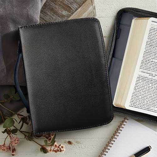 1pc large faux leather bible cover protective bible case with portable handle multi pocket bible tote bag for study and travel