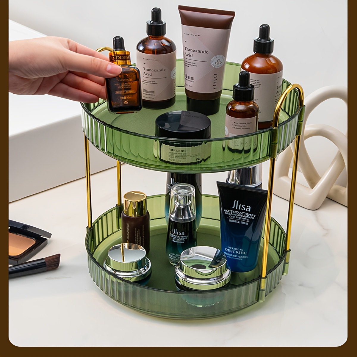 

360-degree Rotating Makeup Organizer, Double-layer Bathroom Countertop Storage Rack For Cosmetics Products