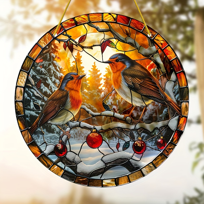 

Christmas-themed Acrylic Suncatcher With 2 Robin Birds Design, 8" For Home & Garden Decor, Perfect Gift & Wildlife Enthusiasts