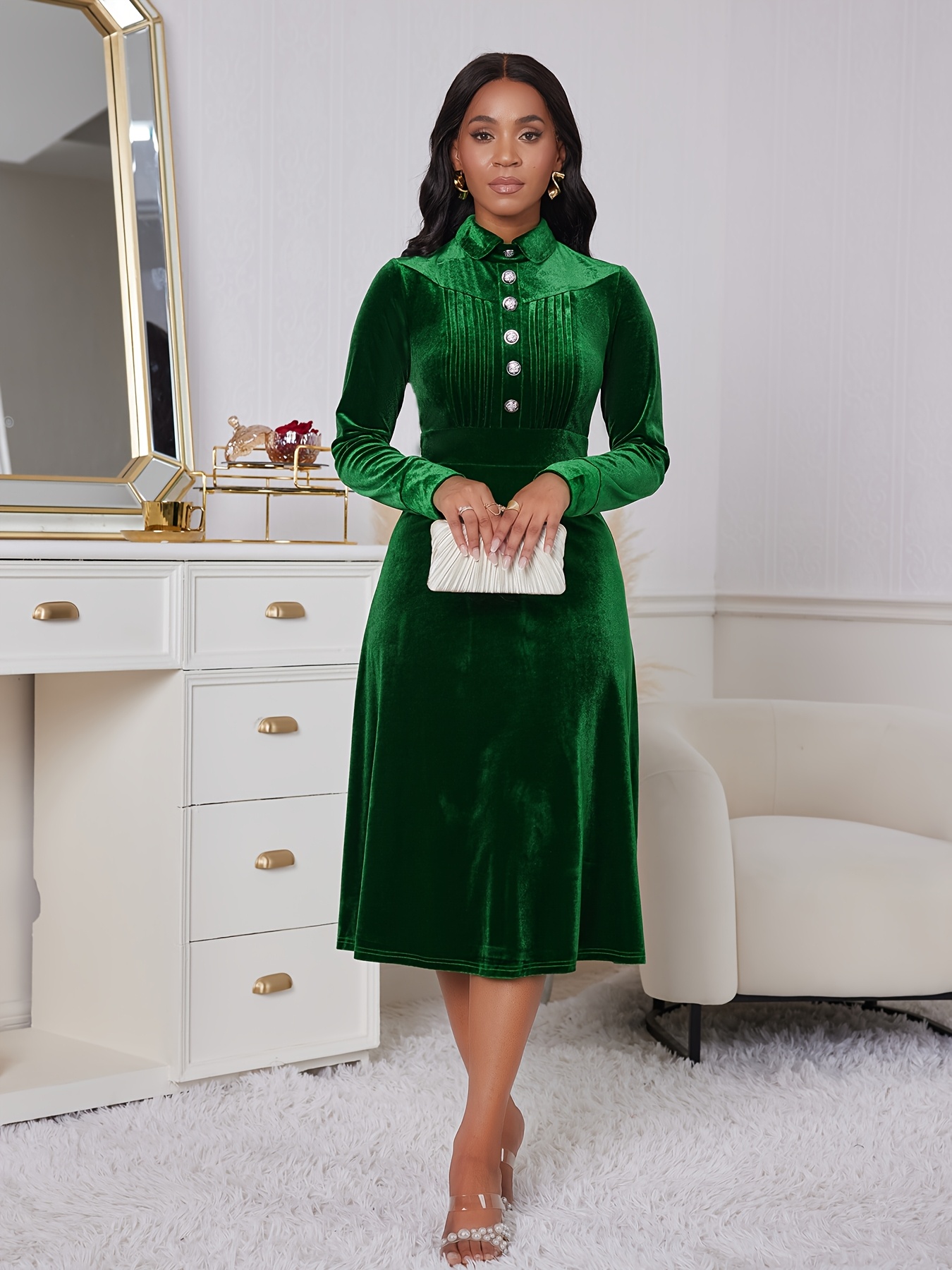 autumn winter womens dress velvet button retro elegant party - Temu