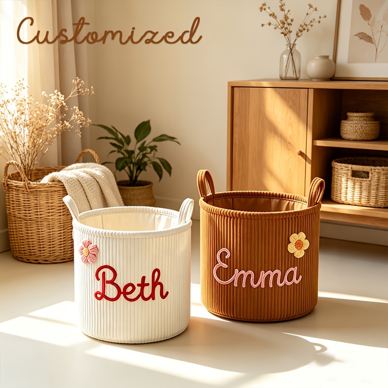 Personalized Name Corduroy Storage Basket with Carry Handle, Large Capacity
