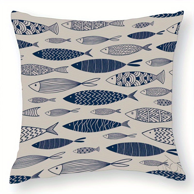 

1pc Throw Pillow Covers For Couch Ornamental Fish Bed Or Sofa Pillows Case Blue Doodle Cute Sea Sketch Ornate Aquatic Cartoon Fashion Wildlife Decorative Square Cushion Cover 18x18 Inches