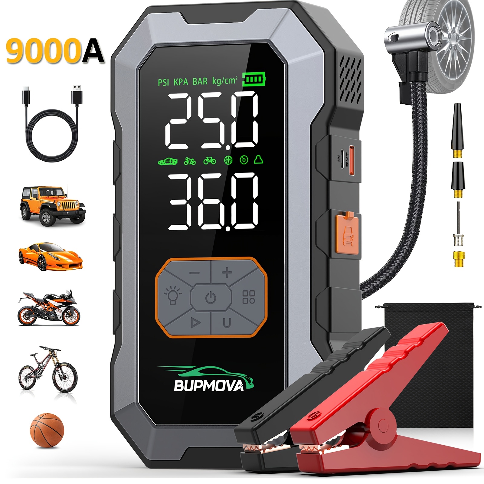 Artikelbild 9000A Auto Starthilfe mit kabellosem Luftkompressor, 25000mAh Batterie-Booster mit Powerbank und LED-Leuchten, 12V Starthilfe für alle Benzin- oder 10.0L Diesel-Autos, Dual-Luftdruckanzeige