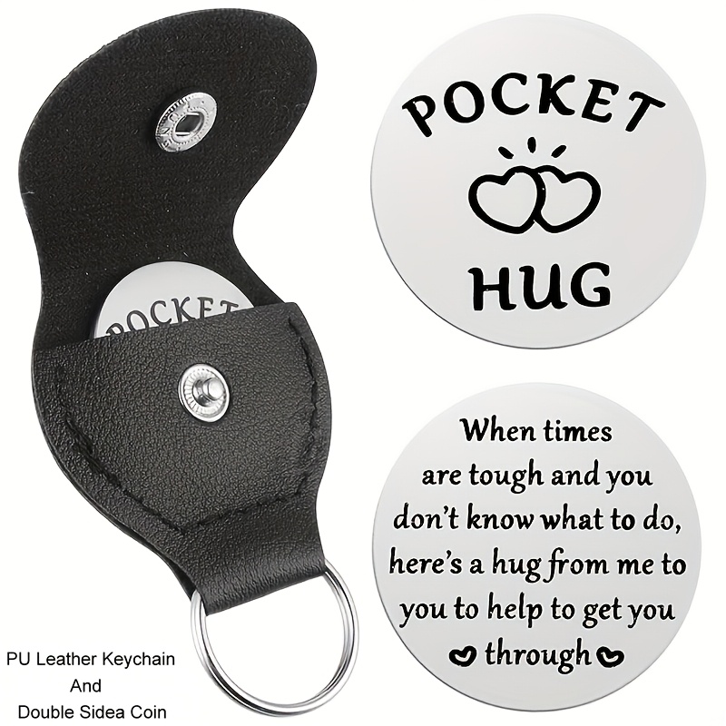 1pc pocket hug token a little pocket hug   keychain stainless steel double sided coin   for   patients must have hug gifts for men women female double sided coin and faux leather keychain