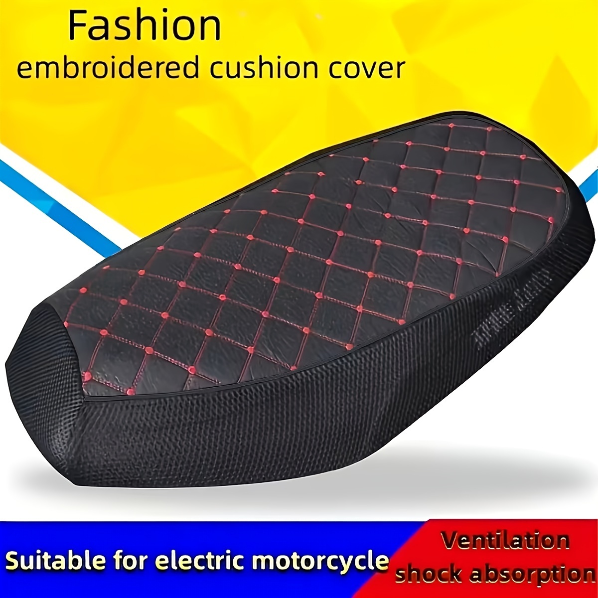 TEMU Universal Fit Pu Leather Embroidered Seat Cushion Cover For Electric Scooter And Motorcycle, Breathable Sun-resistant Pad With Ventilation And Shock Absorption