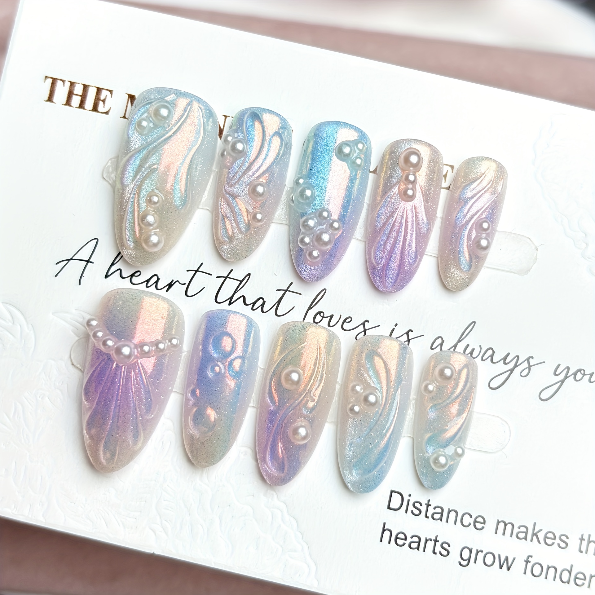 TEMU 10pcs Nail Art With Aurora Painting, Ballet Style, Pearl And White Atmosphere. Mermaid Nail Art Patches, Sweet And Cool, Fully Covered With Fake