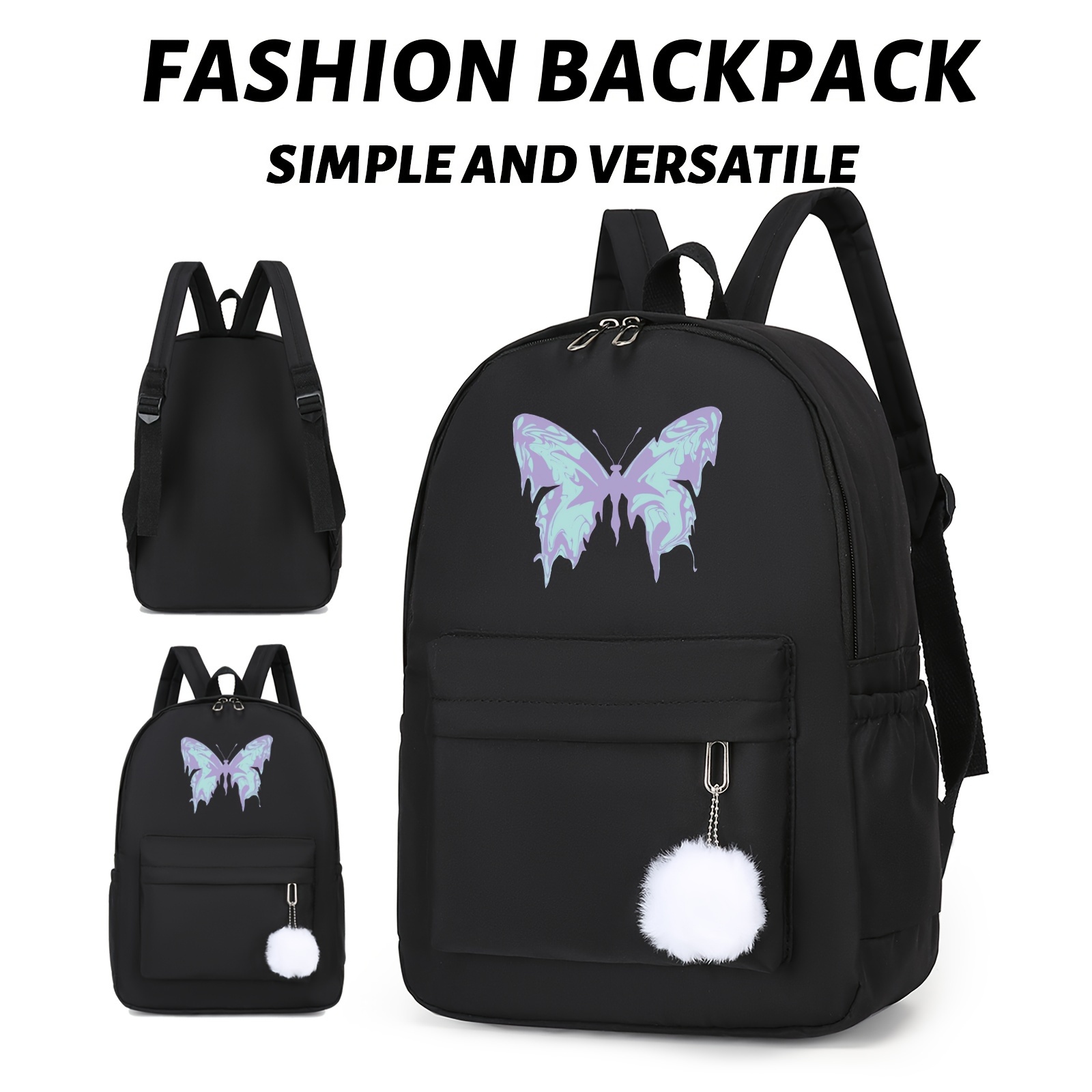

Stylish And Versatile Backpack With Simple Design, Featuring Cartoon Blue Butterfly Pattern, Suitable For Travel With Its Large Capacity, Multi Functional Backpack