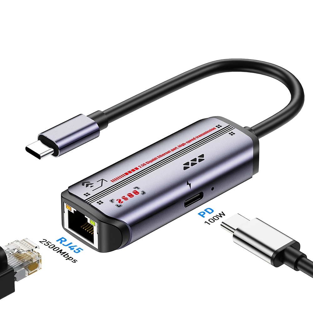 TEMU Adattatore Ethernet USB C 2.5G con PD 100W, Scheda di Rete LAN RJ45 2500Mbps, Convertitore Internet Cablato USB-C 2-in-1 per Laptop pz Tablet