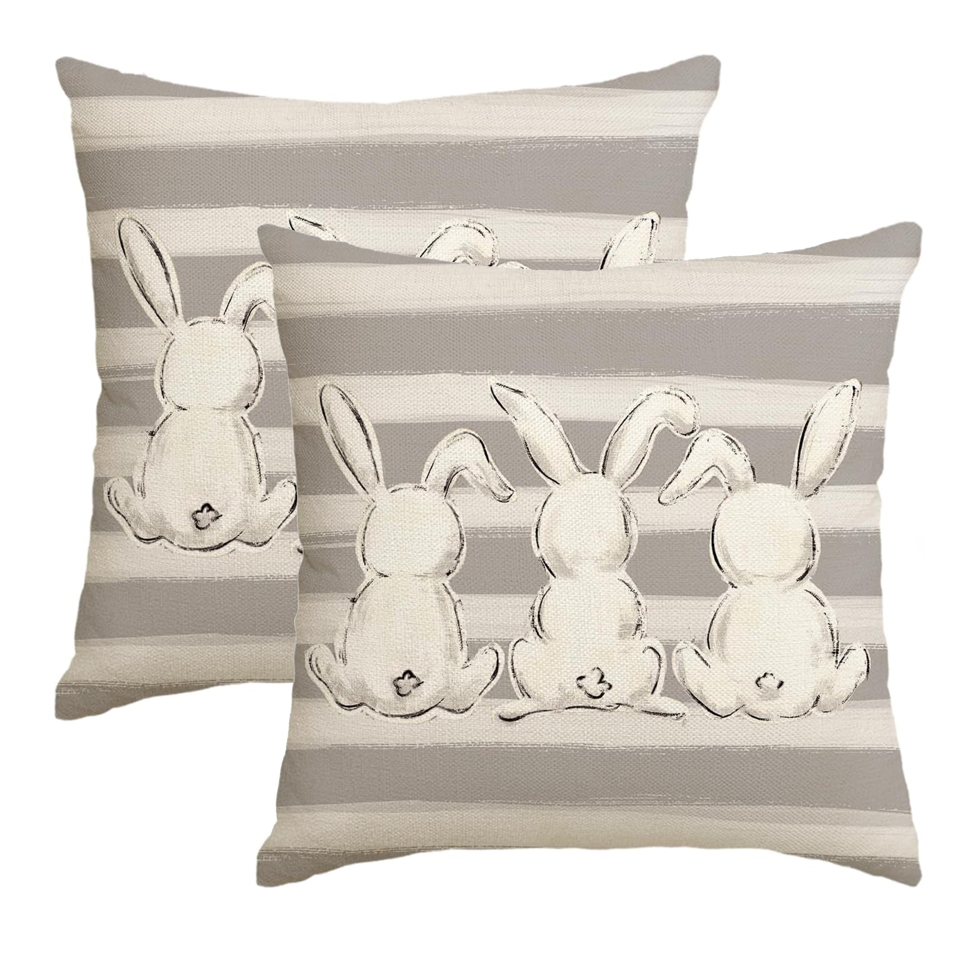 

2pcs Easter - Striped Rabbit , Linen , Zip - For Sofa & Couch Decor, Washable - 16x16/18x18/