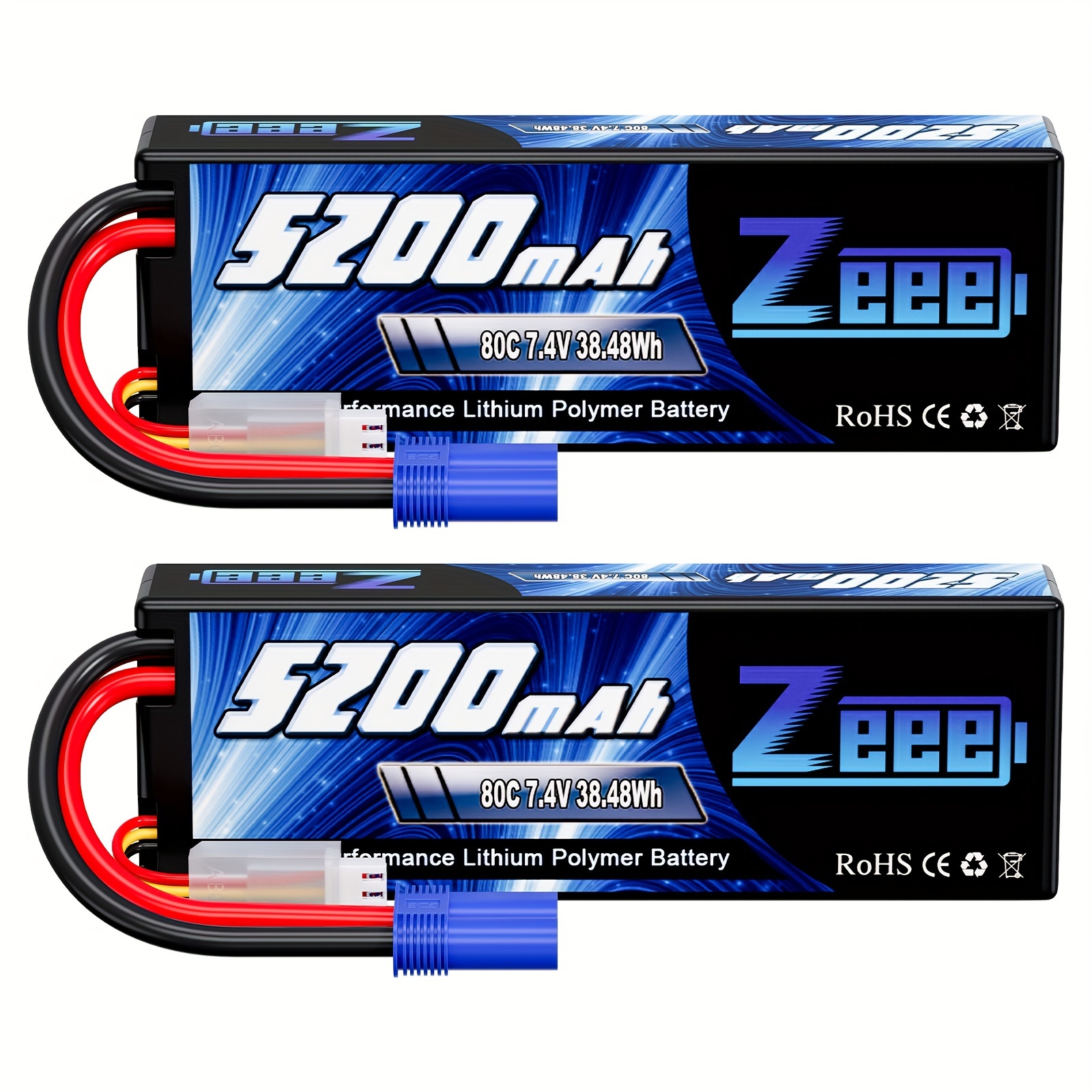 

Zeee 2s Lipo Battery 7.4v 5200mah 80c Hard Case Battery With Ec5 Plug Compatible With 1/8 1/10 Rc Vehicles Car Slash Rc Buggy Truggy Rc Airplane Drone (2 Pack)