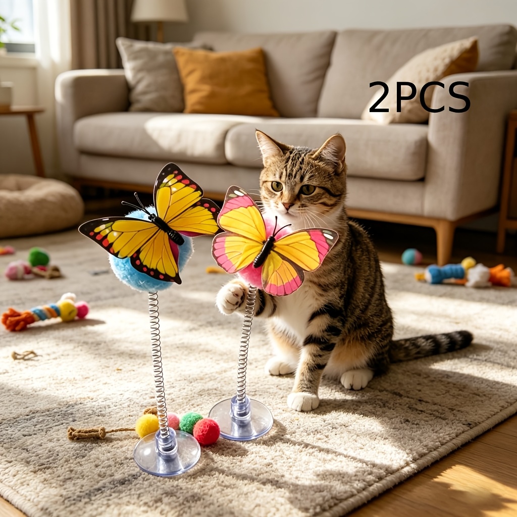 TEMU Lot de 2 jouets à ventouse pour chat de balle à ressort papillon, à ventouse, piles, couleurs aléatoires, fabriqué en matériau durable, convient