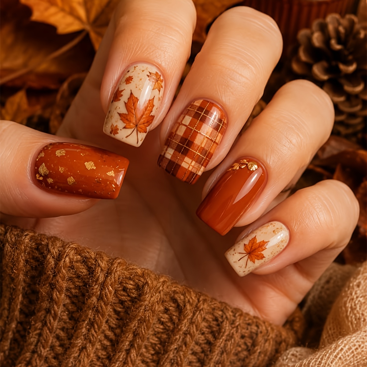 TEMU 24pcs Square Press-on Nails, Brown-red Plaid With Golden Glitter And Maple Leaf Design, Suitable For Holiday And Daily Use, Women's Accessories