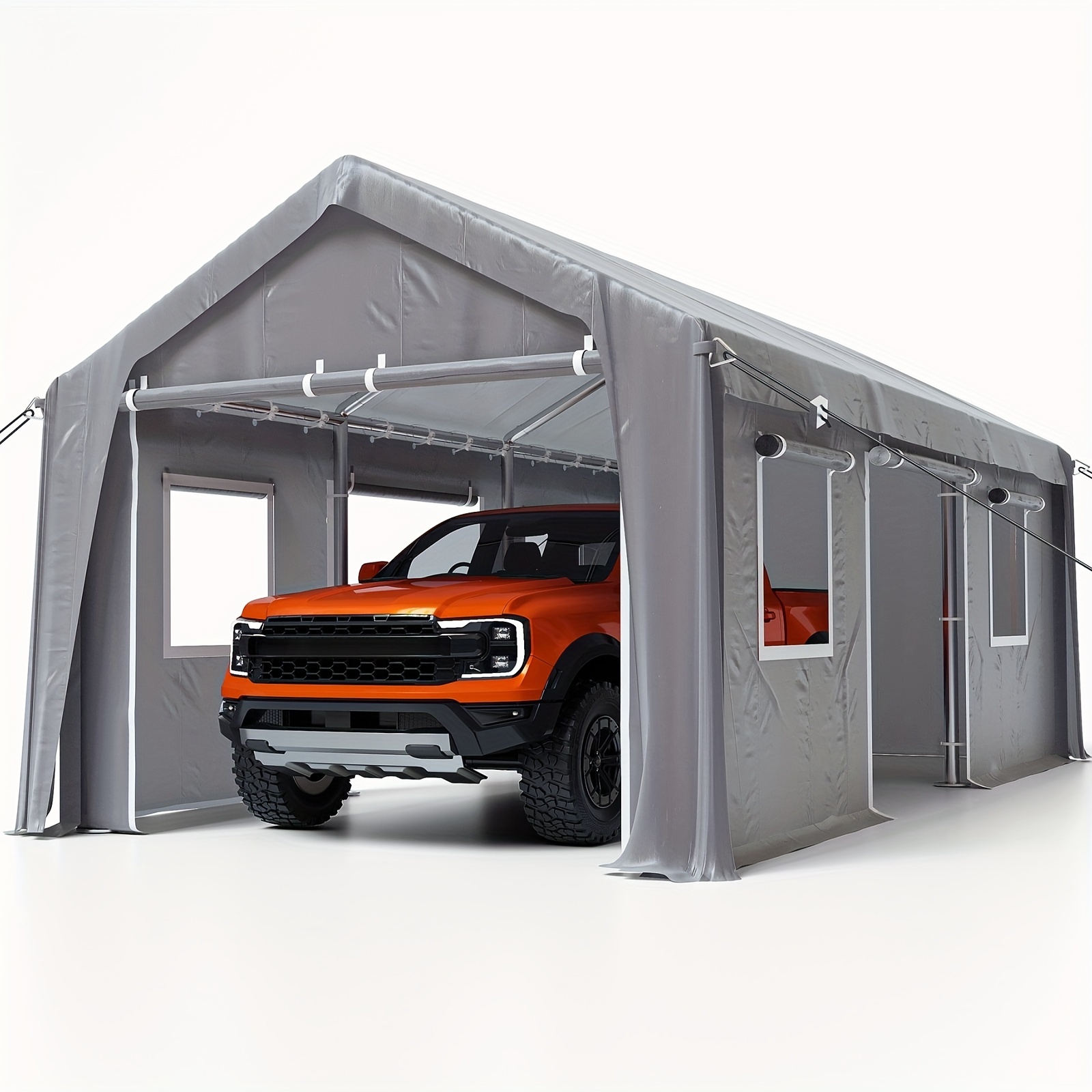 

Carport 13'x20' Portable Garage, Heavy Duty Carport Canopy, Reinforced Steel Poles, 4 Roll-up Doors & 4 Windows, For Pickup, Boat, And Equipment