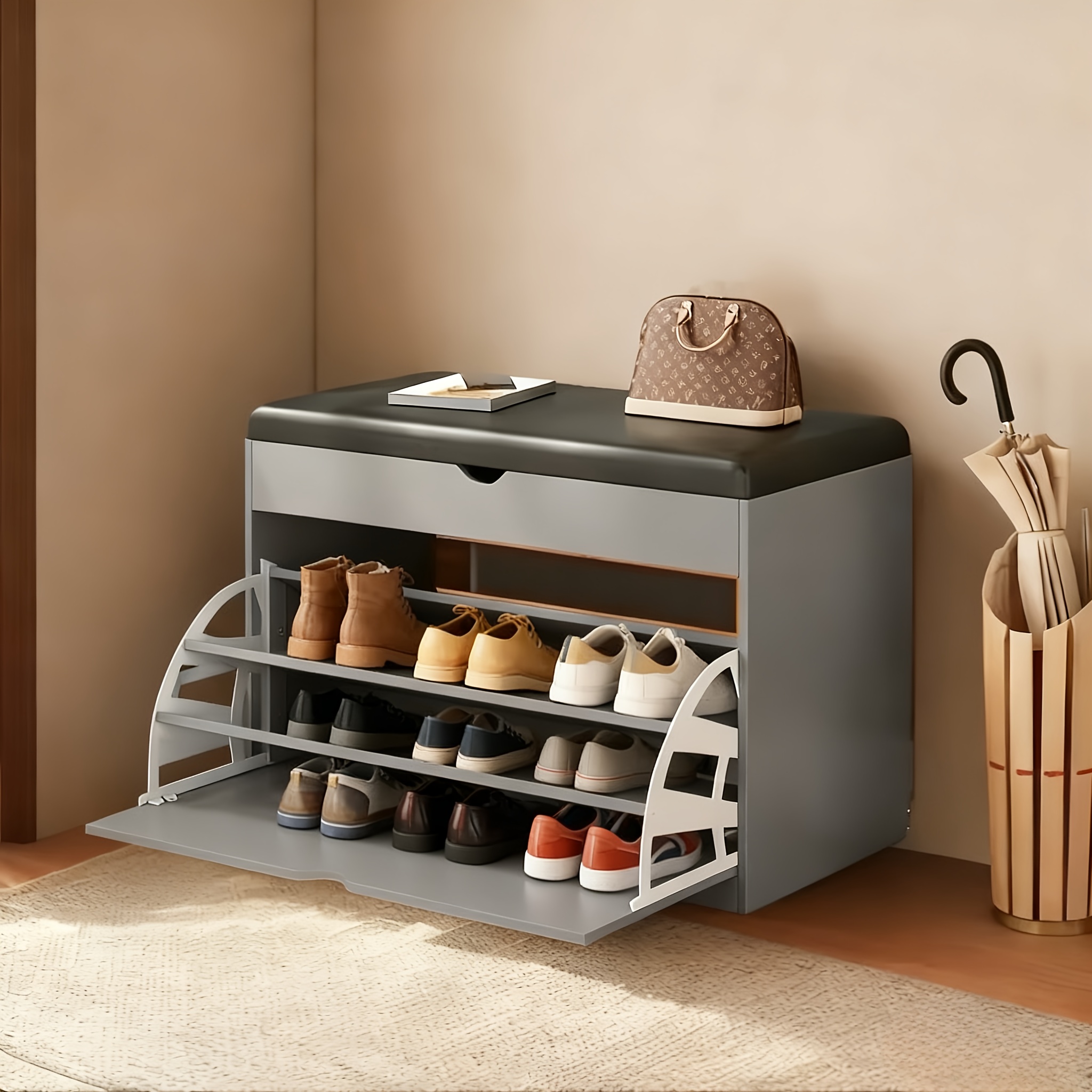 TEMU Storage Bench Entryway With Cushion, Shoe Rack Bench With Storage And 3-tier Flip Drawer, Shoe Cabinet Organizer With Hidden Space For Hallway
