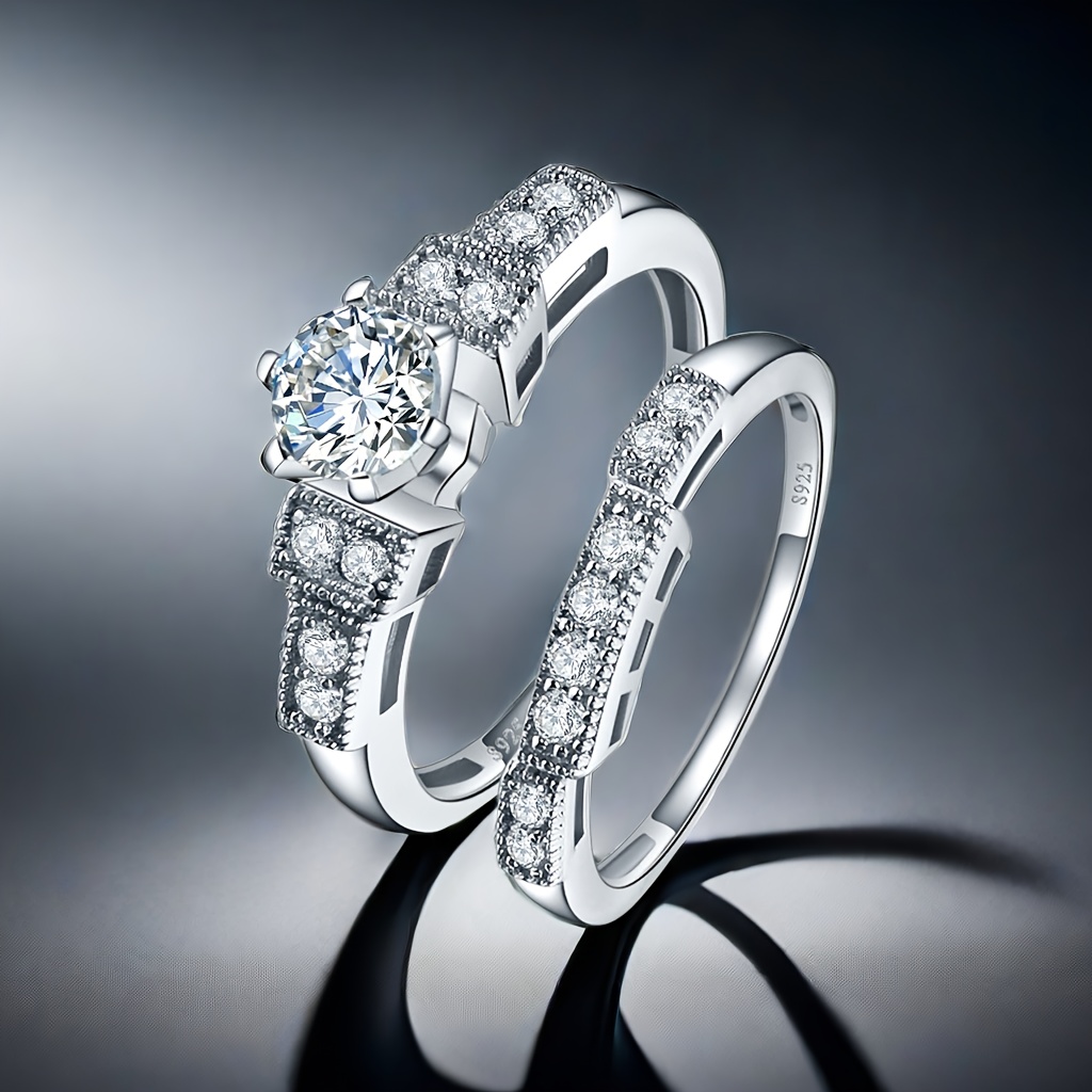 TEMU 2pcs Gorgeous S925 Sterling Silvery Fashion Elegant Shiny Round Synthetic Zirconia Pair Ring For Men Valentine's Day Wedding Wedding Gift