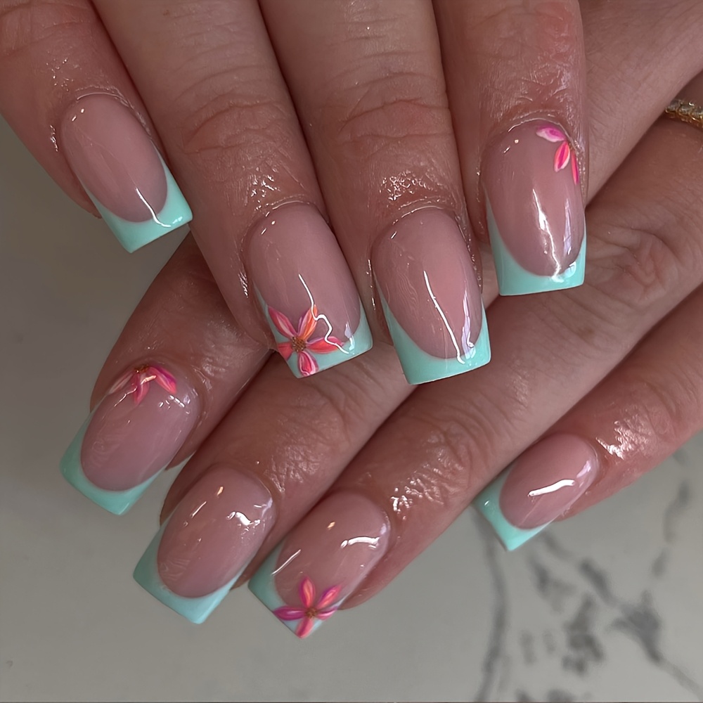 Image of 24pcs 24pcs Short Square -on Nails Suitable For Women & - Glossy Acrylic Fake Nails With Mint Green Floral Tips, Short Lengths For Instant , Daily Wear & Parties, Application (no Nails)
