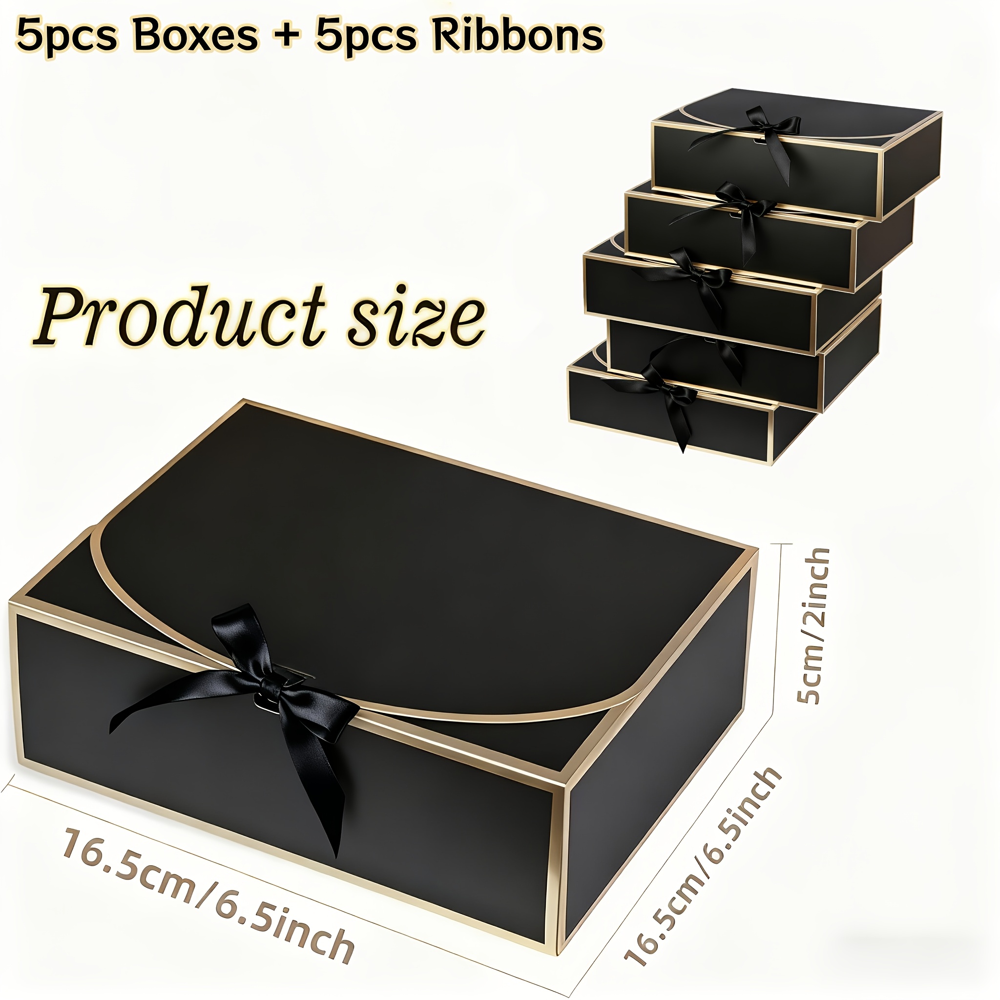 E-shop 10er Set Elegante Schwarze Geschenkbox (5 Boxen + 5 Schwarze Bänder) - 16,5×16,5×5 cm, für Hochzeiten, Geburtstage und Besondere Anlässe,