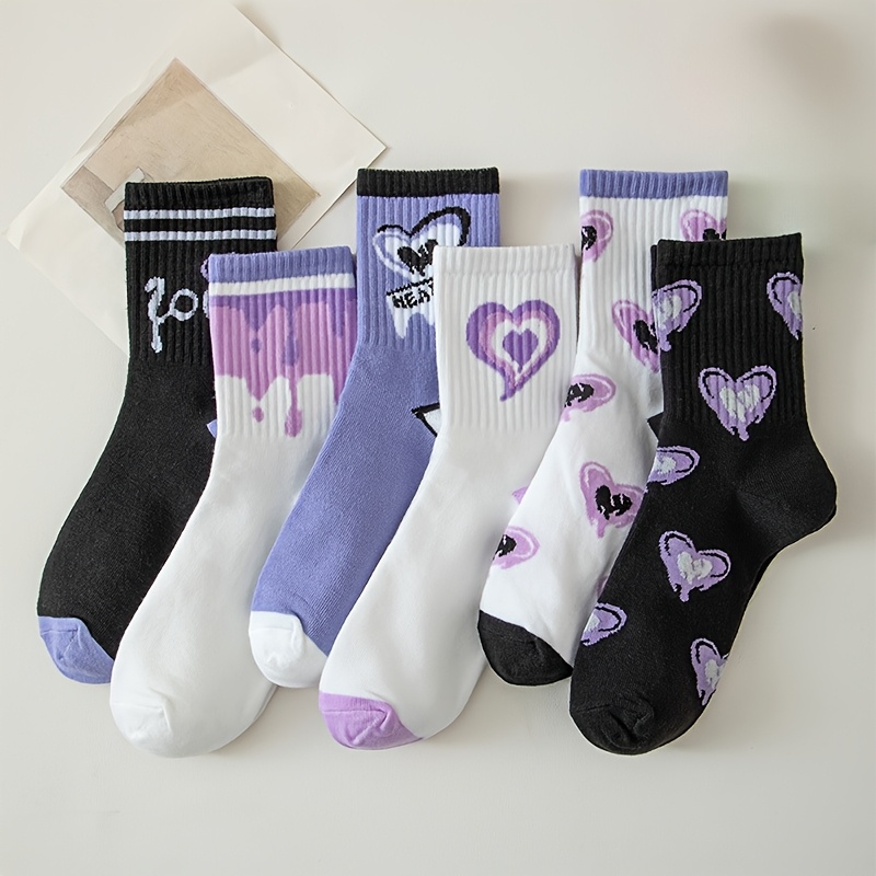 

6pcs Women's Mid-calf Socks In Designs - Soft Polyester & Spandex , Breathable Knit With Band For Fit, Assorted Patterns, Cute Socks