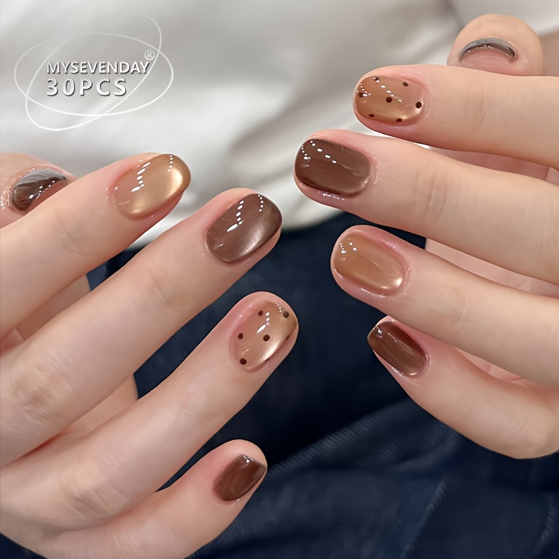 TEMU 30 stuks Korte Nagels Vierkante Druk-Nagels, Bruine Polka-Dot Strobe-Crystal Glanzende Vrouwelijke Nepnagels, Dagelijks Herbruikbaar