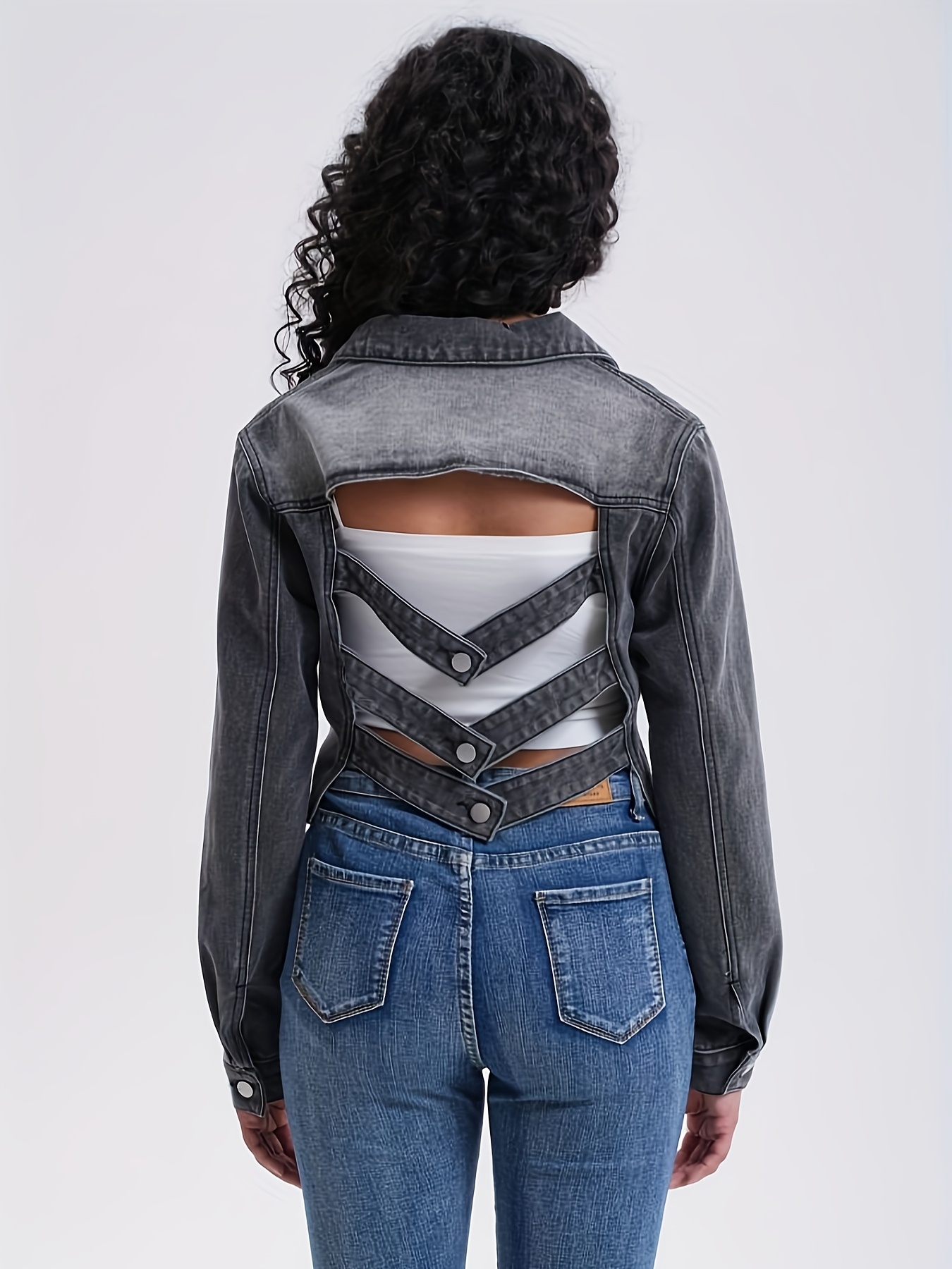 Women's Stylish Backless Denim Jacket Casual Sleeve Jean Coat with  Adjustable Straps Buckles, Black Washed Blue, Machine Washable,  Spring/Fall