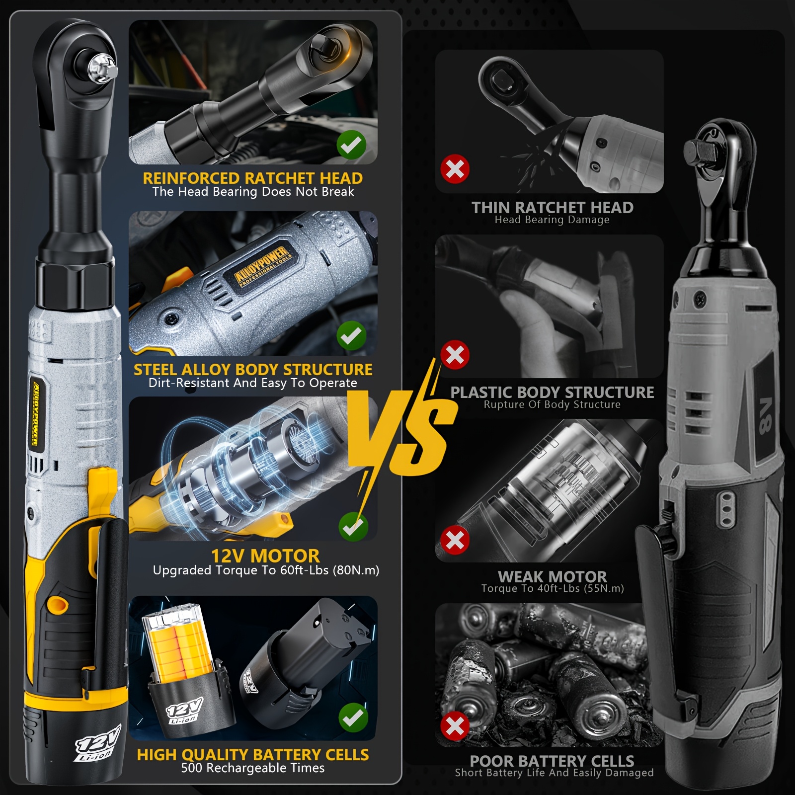 3 8 cordless ratchet wrench set 60ft lbs 80n m electric ratchet 12v extended power variable speed led light 6 sockets 1 4 1 2 adapters 2 rechargeable   6