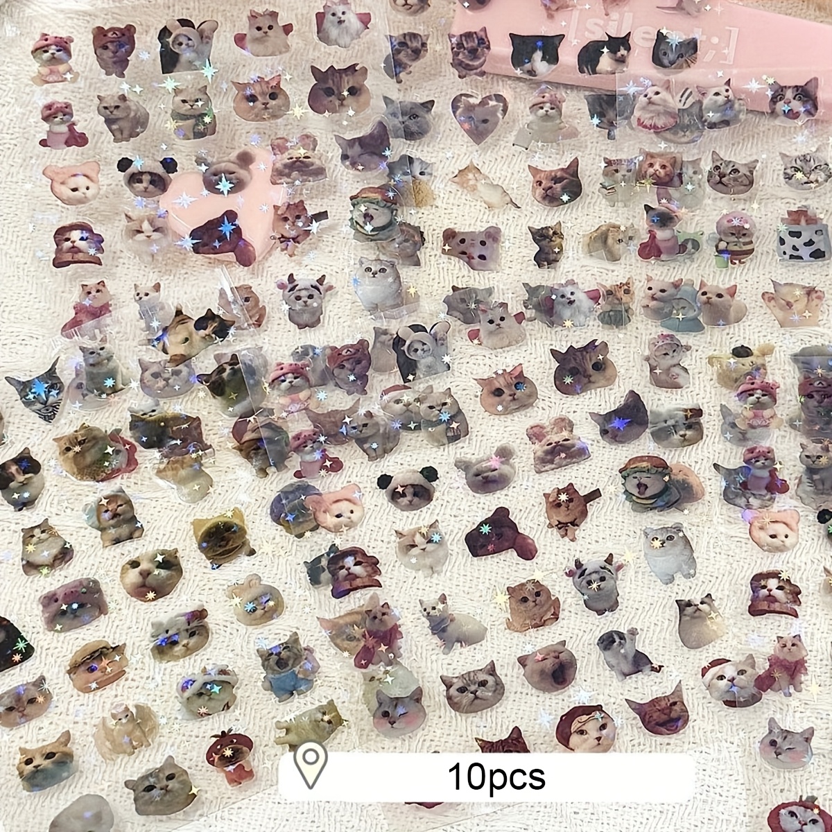 10pcs Cute Cat Laser Sticker Collection-ins Value Hand Account Diy Transparent Waterproof Decoration-mobile Phone Notebook Computer And Other Electronic Products Decoration