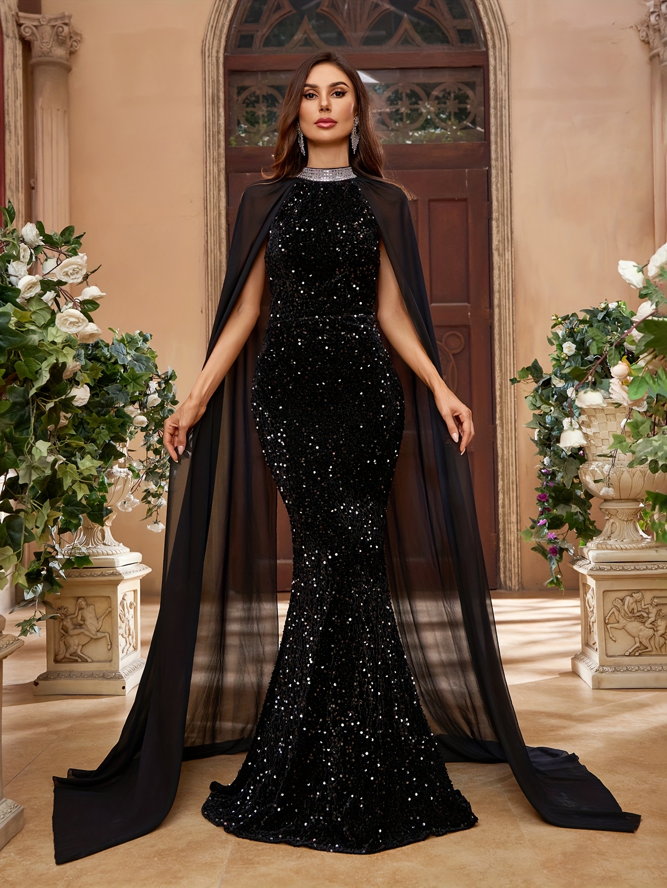 chinese dress ladies Mermaid Lace Black Wedding Dress with Sheer Long Sleeve – Rosymae main image 0