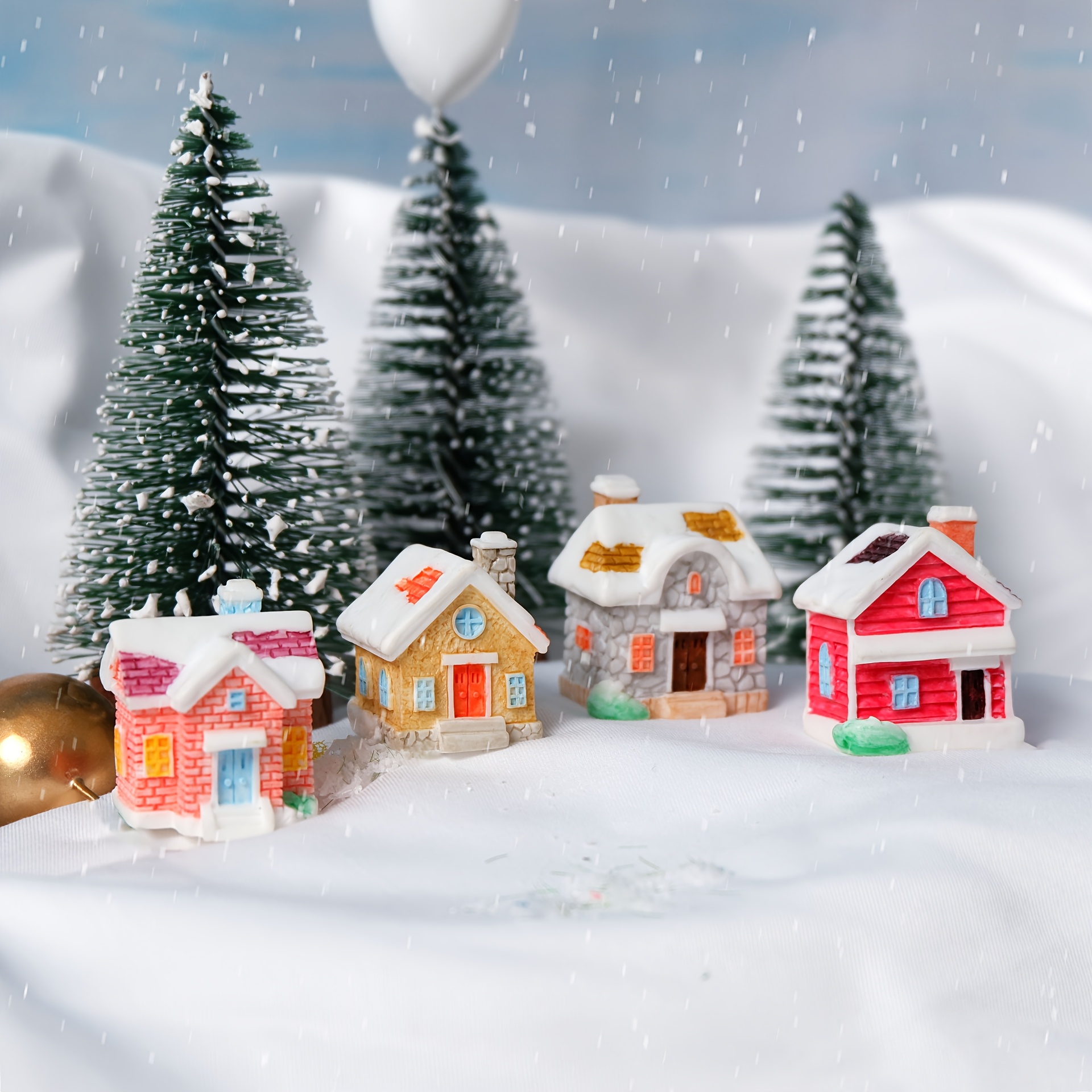 

Set Of 4 Resin Mini Sculptures For Christmas Village, Snow-covered Miniature Houses, Fairy Garden Micro Landscape Diy Decorations.