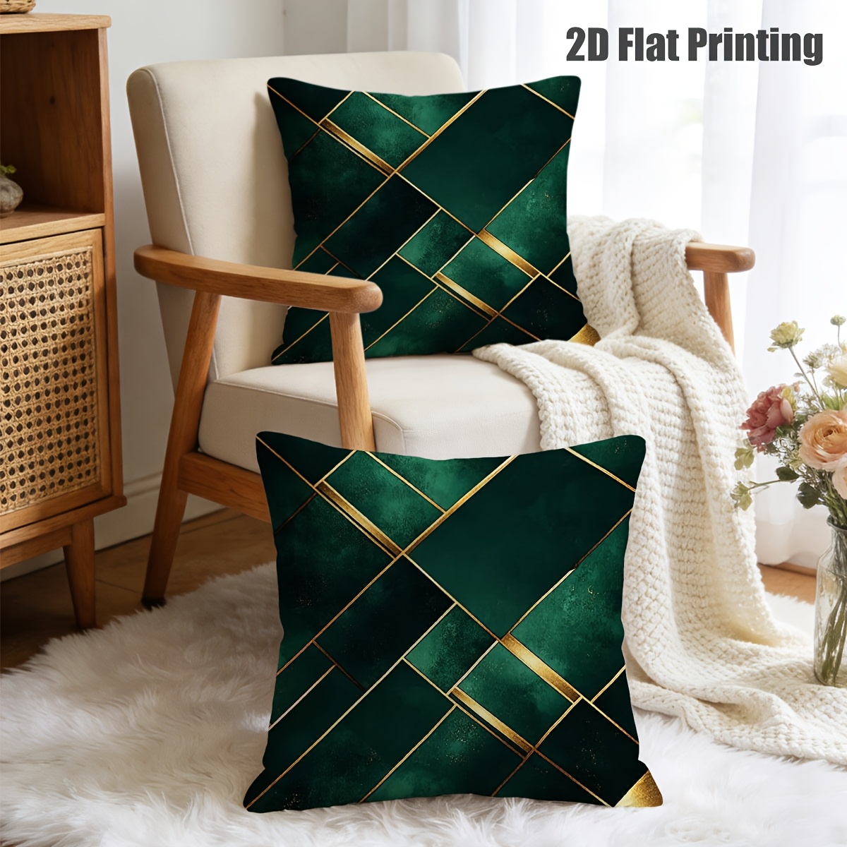 TEMU 2pcs Set Of 2d Flat Luxurious Emerald Green Checkered Geometric Pillowcases With . Suitable For Modern Living Rooms, Cozy Bedrooms, And Elegant