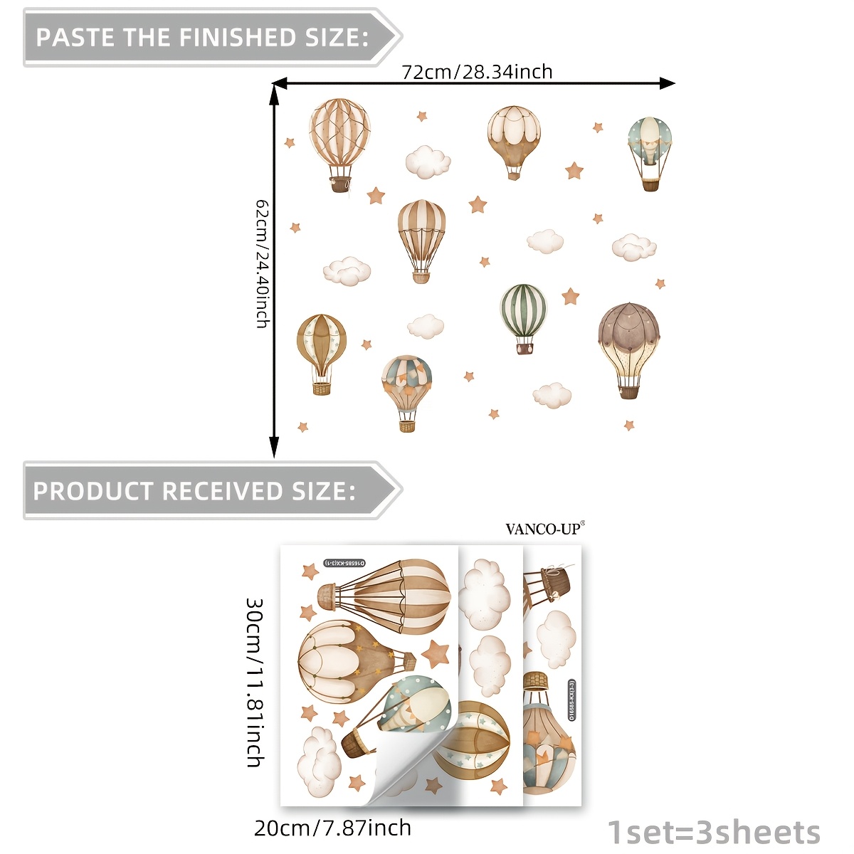 E-shop Ein Set (30*20Cm*3Stk) Heißluftballon Stern Flach 2D Fensteraufkleber Fensterdekoration Elektrostatischer Glassticker D16585-KX