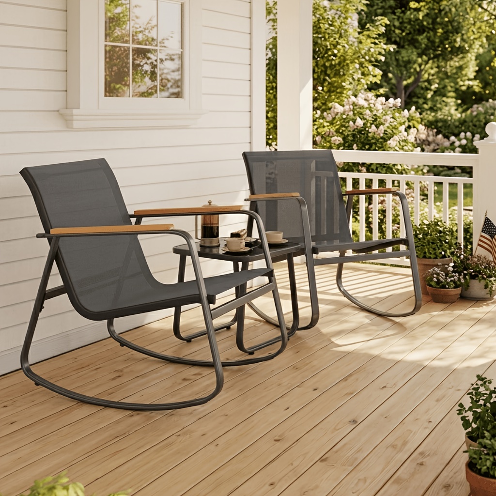item picture   3pcs patio rocking chair set with glass table outdoor   with breathable   mesh rust resistant   ergonomic backrest armrests for garden porch backyard