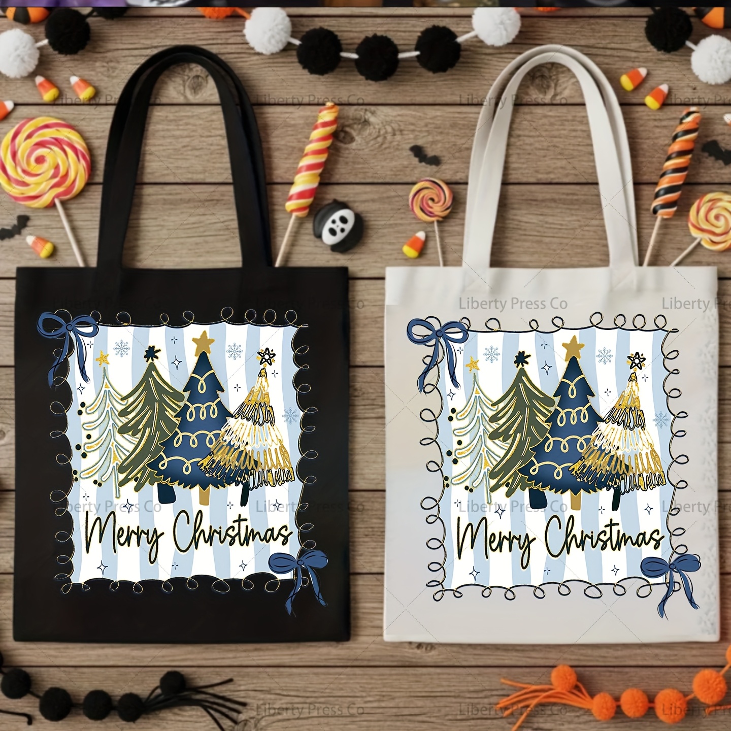 TEMU Merry Christmas Trees Dtf Heat Transfer Sticker 10in/8in Elegant Blue & Golden Holiday Design With Snowflakes & Bows, Washable Durable Vinyl