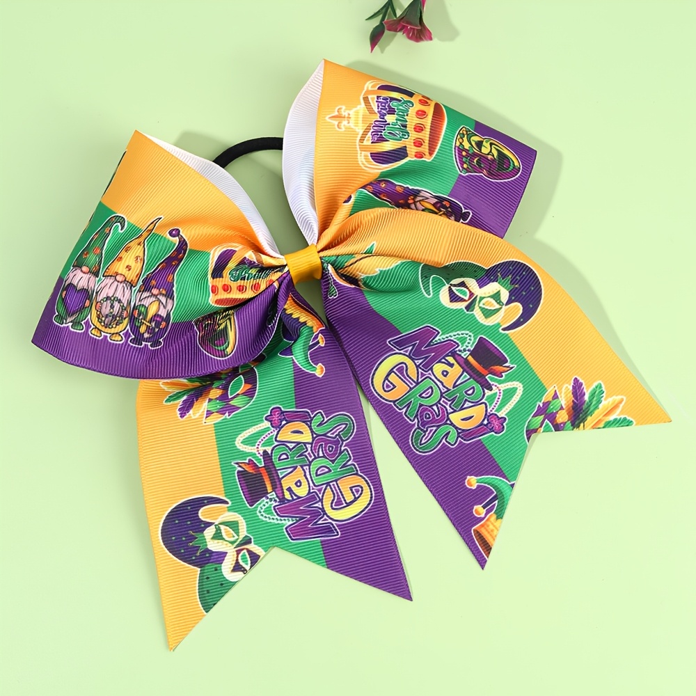 

1pc Mardi Gras Hair Bow Tie For Girls - Vibrant Yellow, Green & Purple With Jester Hat, Mask & - Elegant Accessory For Masquerade & Celebrations - Polyester, 6.69" X 7.09, Bows For Girls Hair