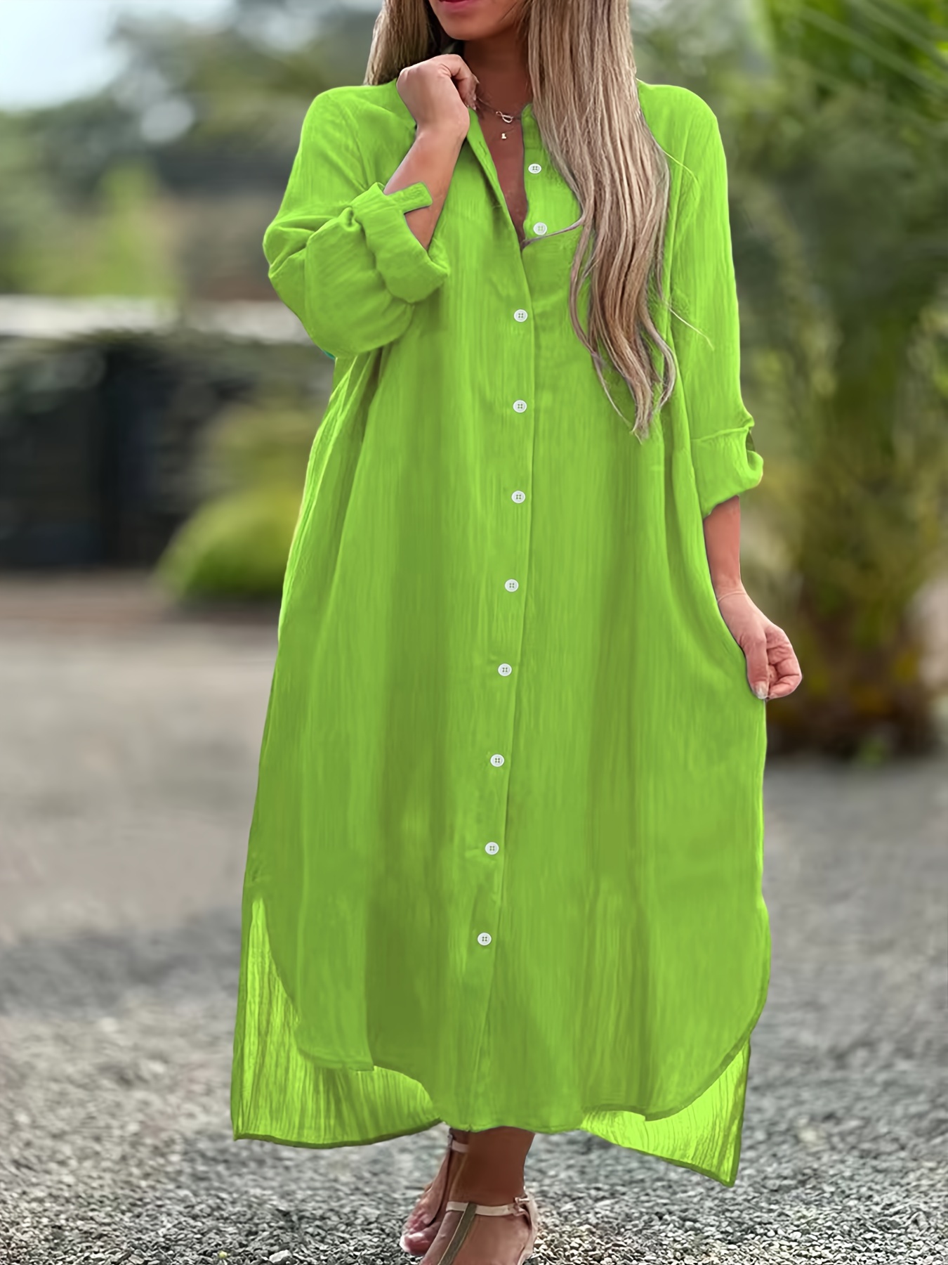 green emerald velvet dress Plus Size Button Wrap Maxi Dress | Shirt Collar, Daily main image 1