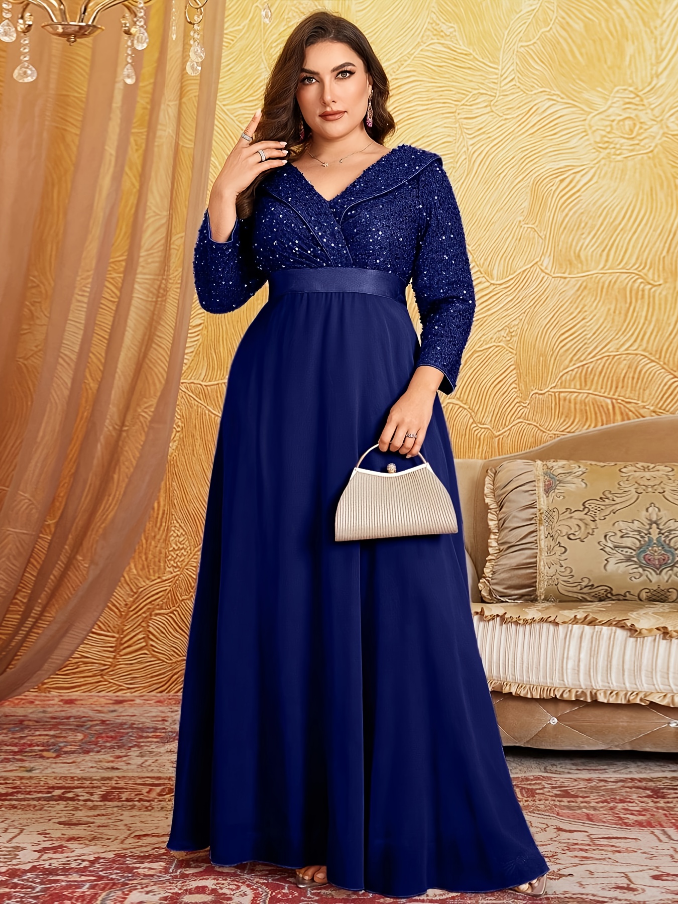 3 4 sleeve evening dresses plus size Plus Size Sequin A-Line Floor Length Evening Dresses for Special Occasions main image 0