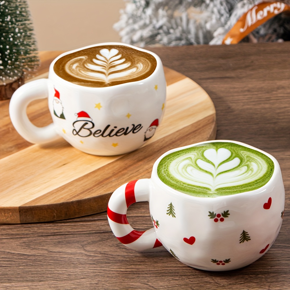 1pc 230ml/7.8oz White and Green Christmas Ceramic Coffee Mug, Irregularly  Shaped Cute Hand-Pinched Matcha Cup with Star, Christmas Gnome, Holly Leaf,  and Christmas Tree Elements. Suitable for Coffee, ...