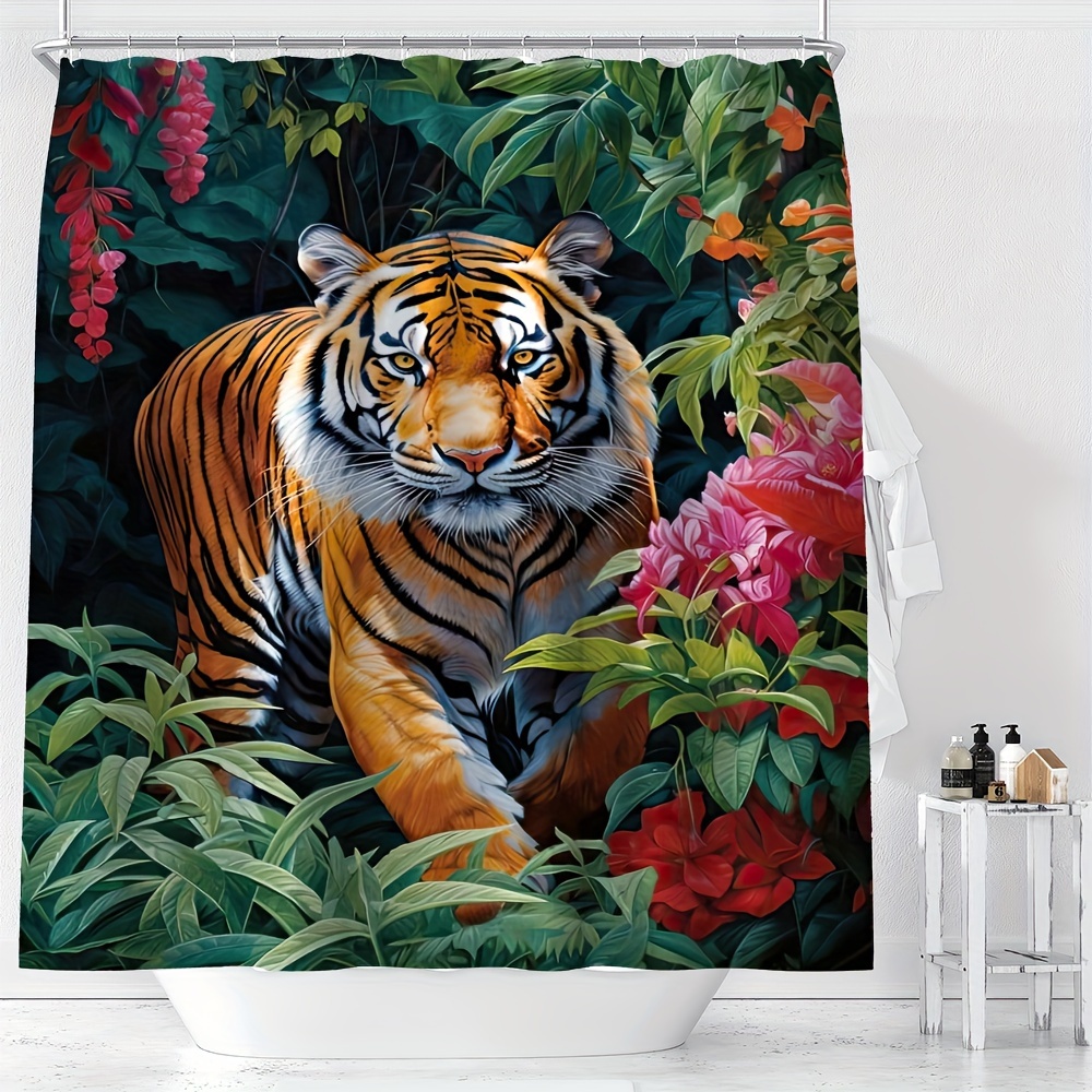 

Ywjhui Water-resistant Polyester Shower Curtain With Jungle Tiger Floral Print, Machine Washable, Includes Hooks, Animal And Flower Patterned, Knit Weave, All Seasons Cartoon Themed Bathroom Decor