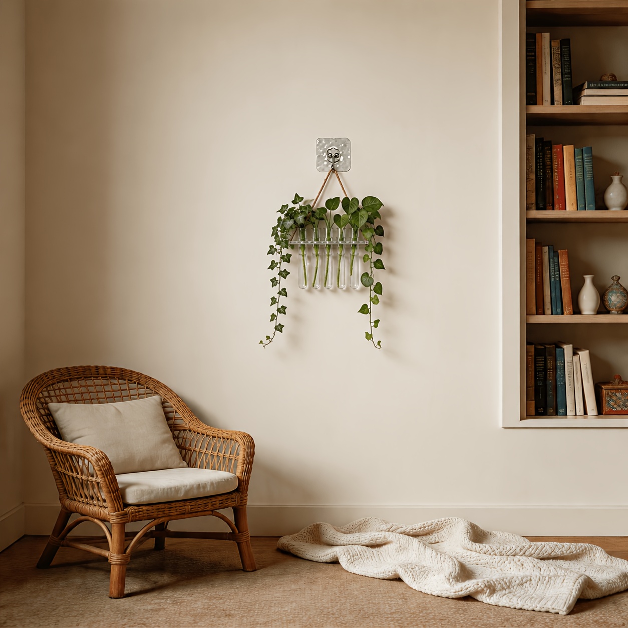 TEMU 1 Set Wall-mounted 5-tube Transparent Wall Garden, Suitable For Book Lovers And Home Decor Enthusiasts, With Root Display Of , Natural Rope