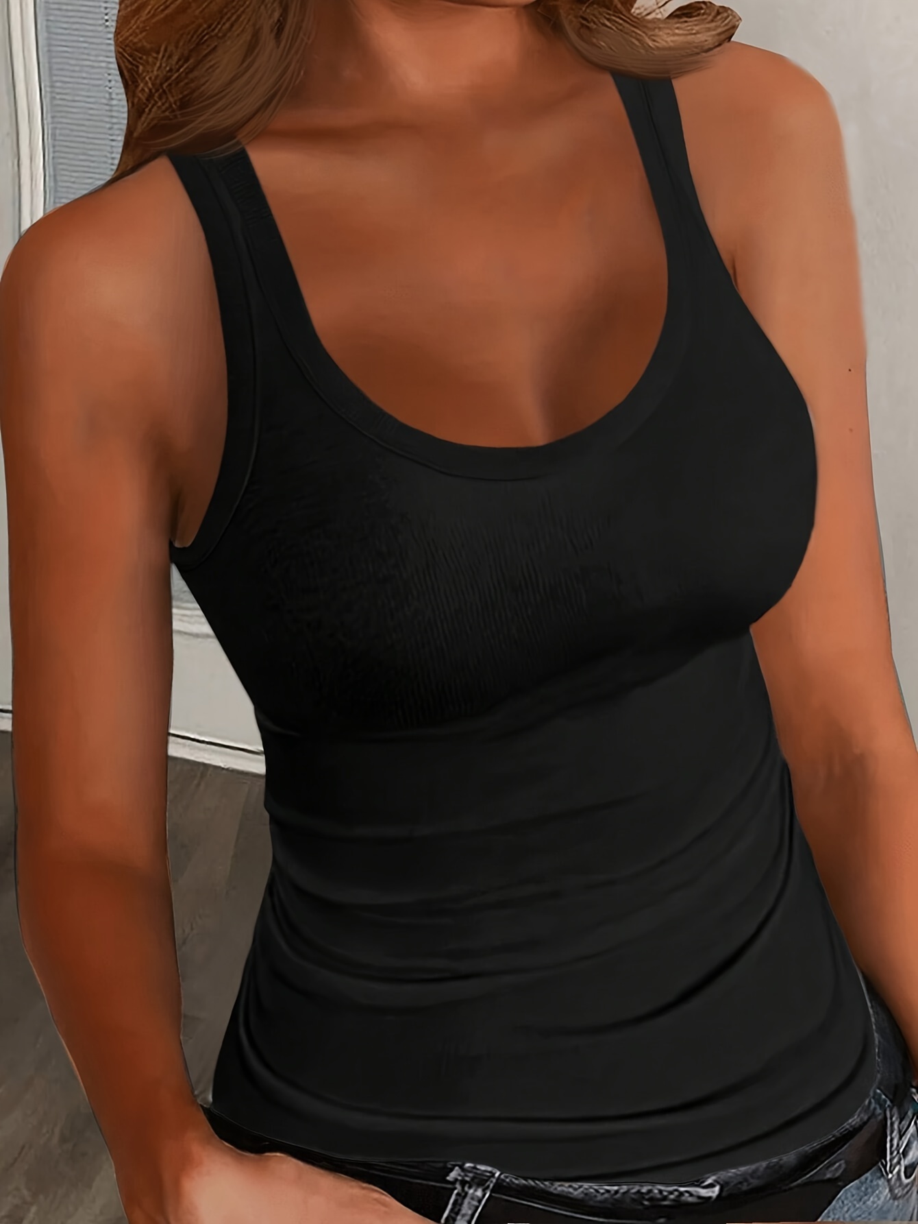 Women's Elegant U-Neck Cami Top - Black, Stretchy Polyester Blend, Sleeveless, Machine Washable, Form-Fitting, All-Season Wear, Casual Layering Piece | Formfitting Design | Plain Weave Top