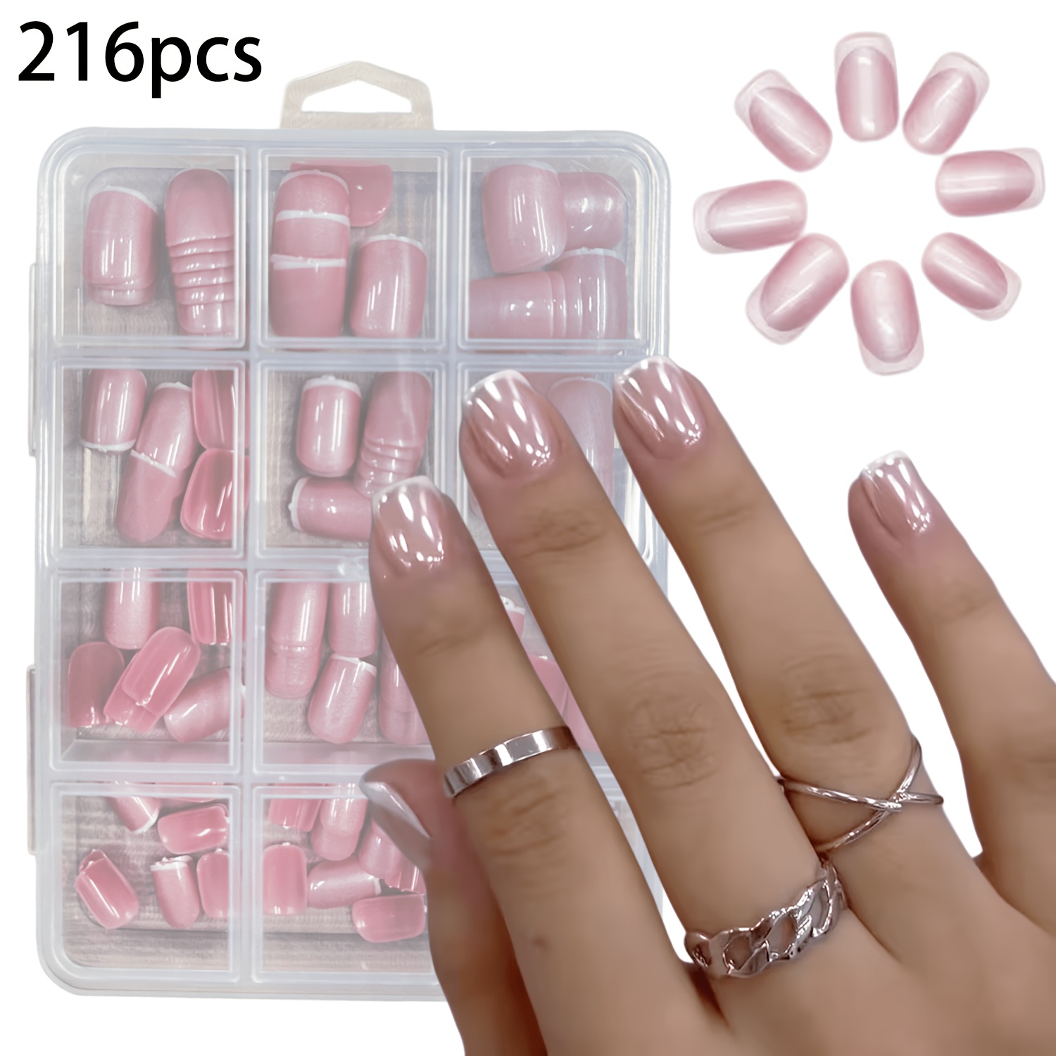 TEMU 216pcs Pearlescent Powder Press-on Nails Suitable For Women's Short Square False Nails With Nude French Tip, 12 Size Options, Instant Mirror For