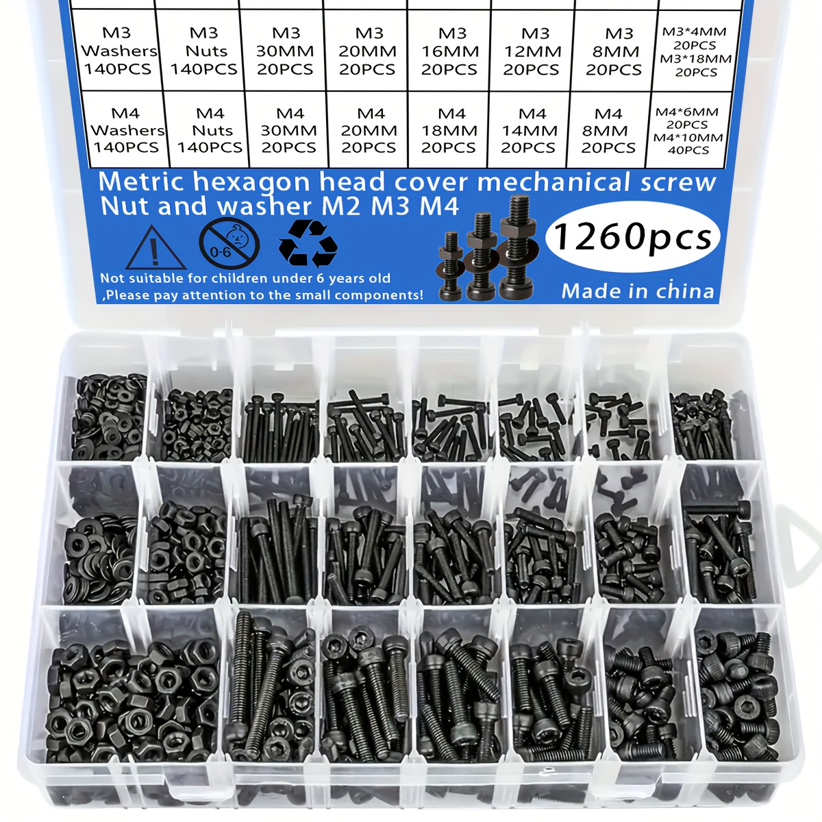 Juego de 1260 Piezas de Tornillos Hexagonales y Arandelas Negras, Kit Combinado de Tuercas Métricas M2 M3 M4, Zincados, con Llave