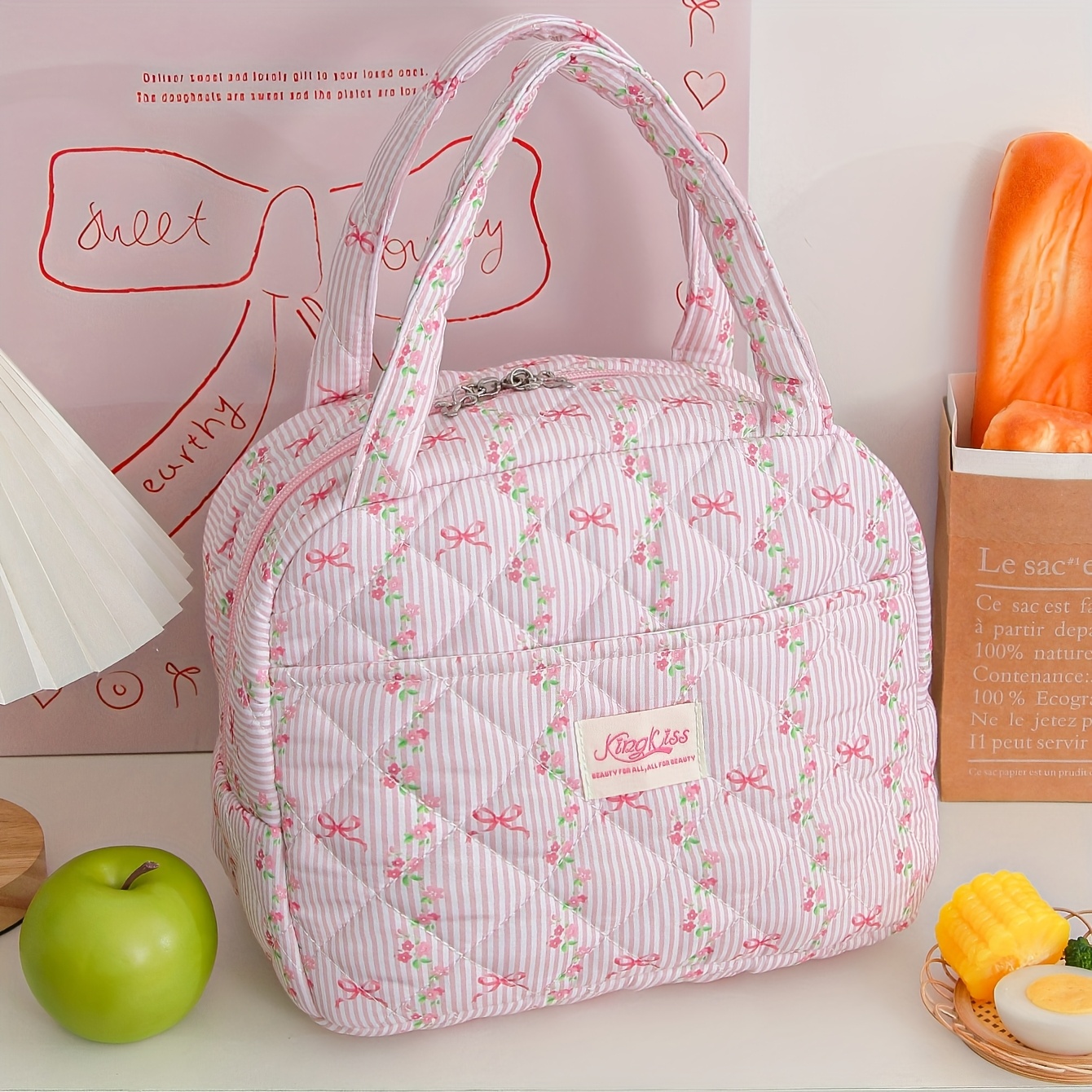 TEMU Sac à déjeuner isotherme grande capacité Coquette - Tote à fleurs avec imprimé fraise et , sac isotherme réutilisable pour , les voyages, - -