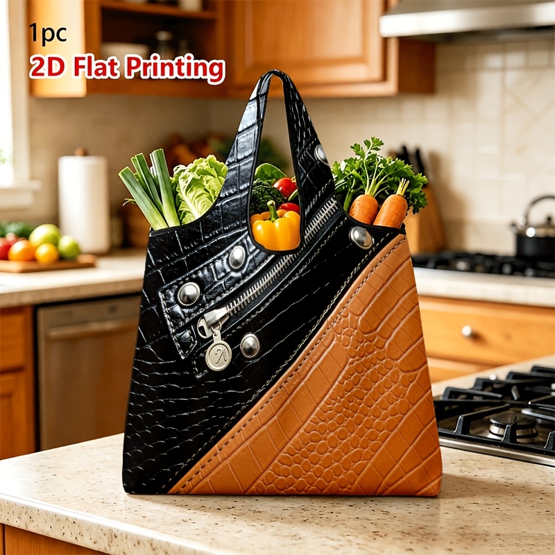 TEMU 1pc 2d Flat Unisex Large-capacity Shopping Tote Bag, Color-block Crocodile Texture 2d Printed Tote Bag With Zipper And Rivet Decor, Unisex For