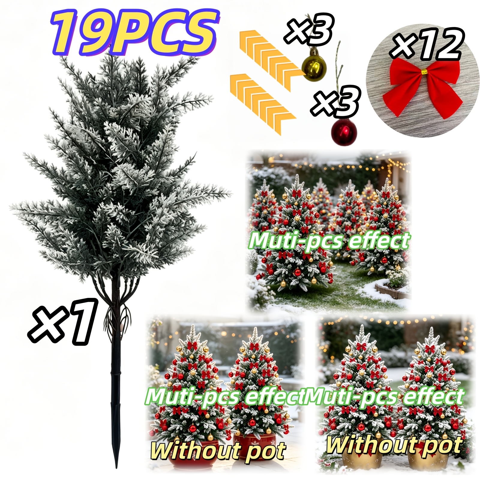 TEMU New Realistic Christmas Green Plant Floor Plug, With Snowflake Snow Effect, Red And Golden Christmas Balls And Red Bow Complete Accessory Set,